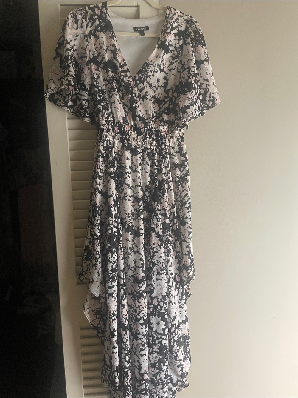Express Black and Light Pink Floral High-Low Wrap Dress